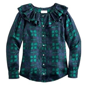 J. Crew Green and Blue Ruffle Blouse